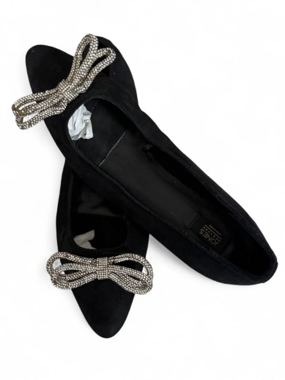 Jones New York Black Suede Pointed Flats with Crystal Bow Accent